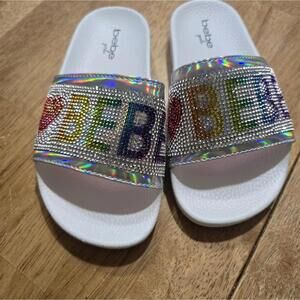 bebe Girls White Rhinestone Slide Sandals